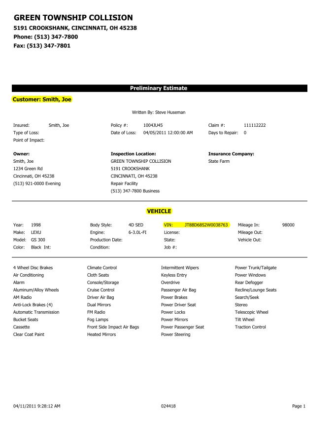 Honda car repair estimates #1